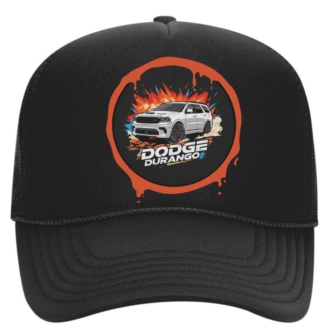 Front view of Dodge Durango Trucker Snapback Hat with adjustable mesh back