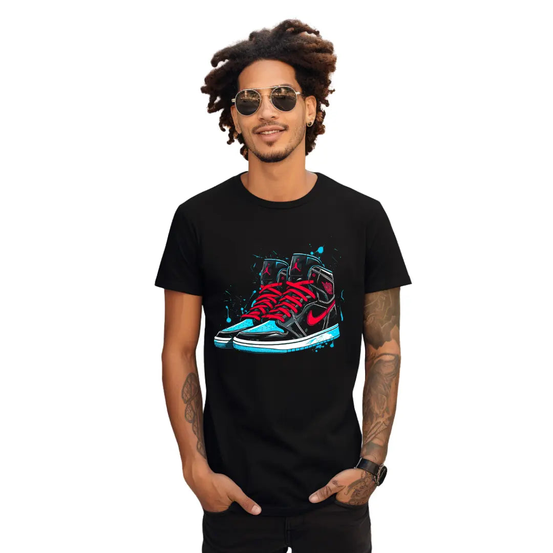 Retro Air Jordan Aqua & Black Sneaker with Red Laces T-Shirt: Fusion of Style and Iconic Design - Black Threadz