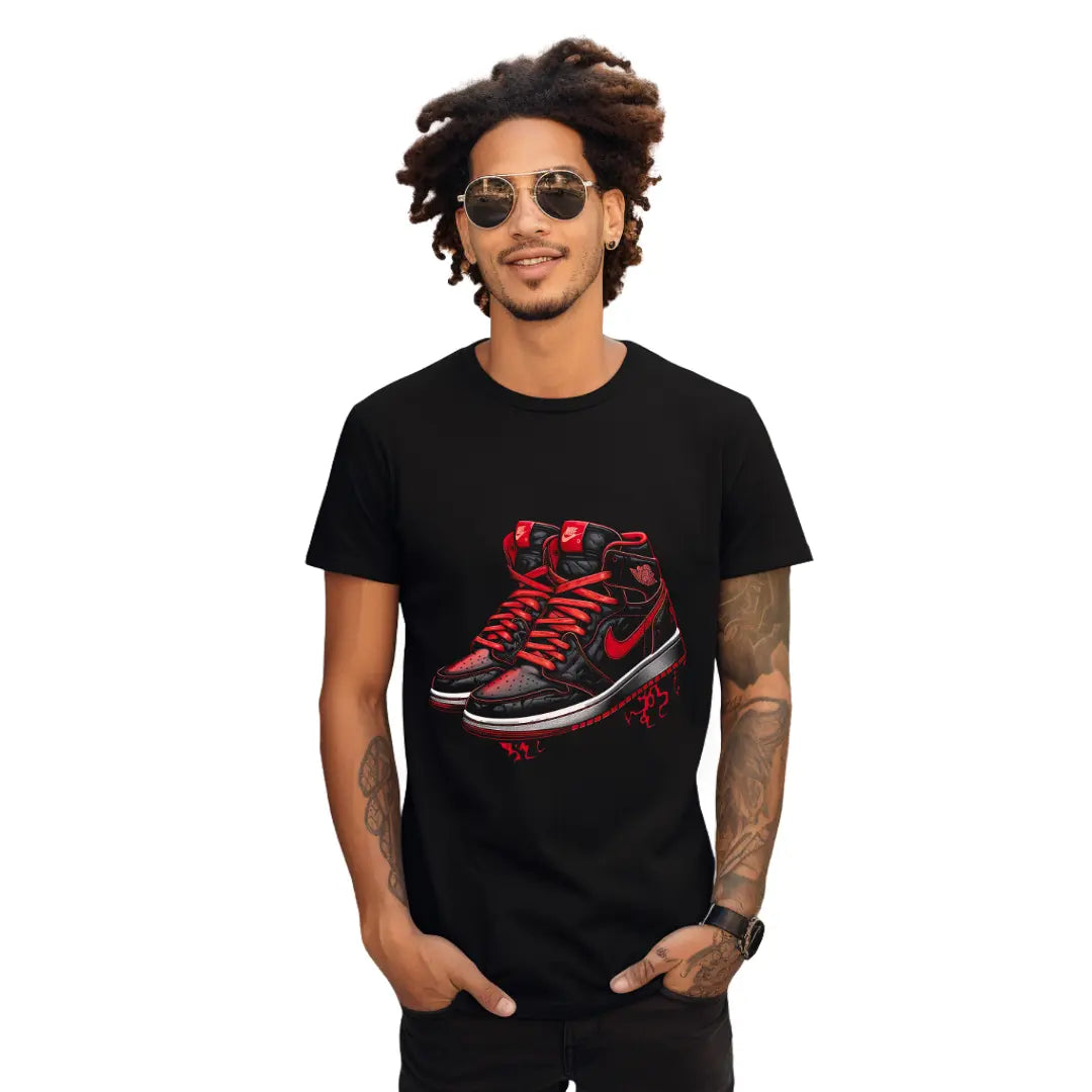 Retro Air Jordan Red & Black Sneaker T-Shirt: Fusion of Style and Iconic Design - Black Threadz