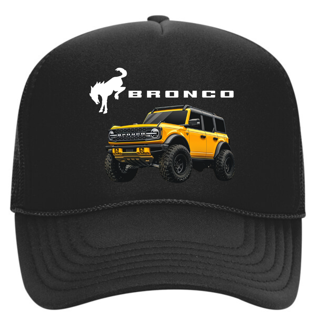 Black cap with yellow Bronco truck graphic and 'Bronco' text on a white background