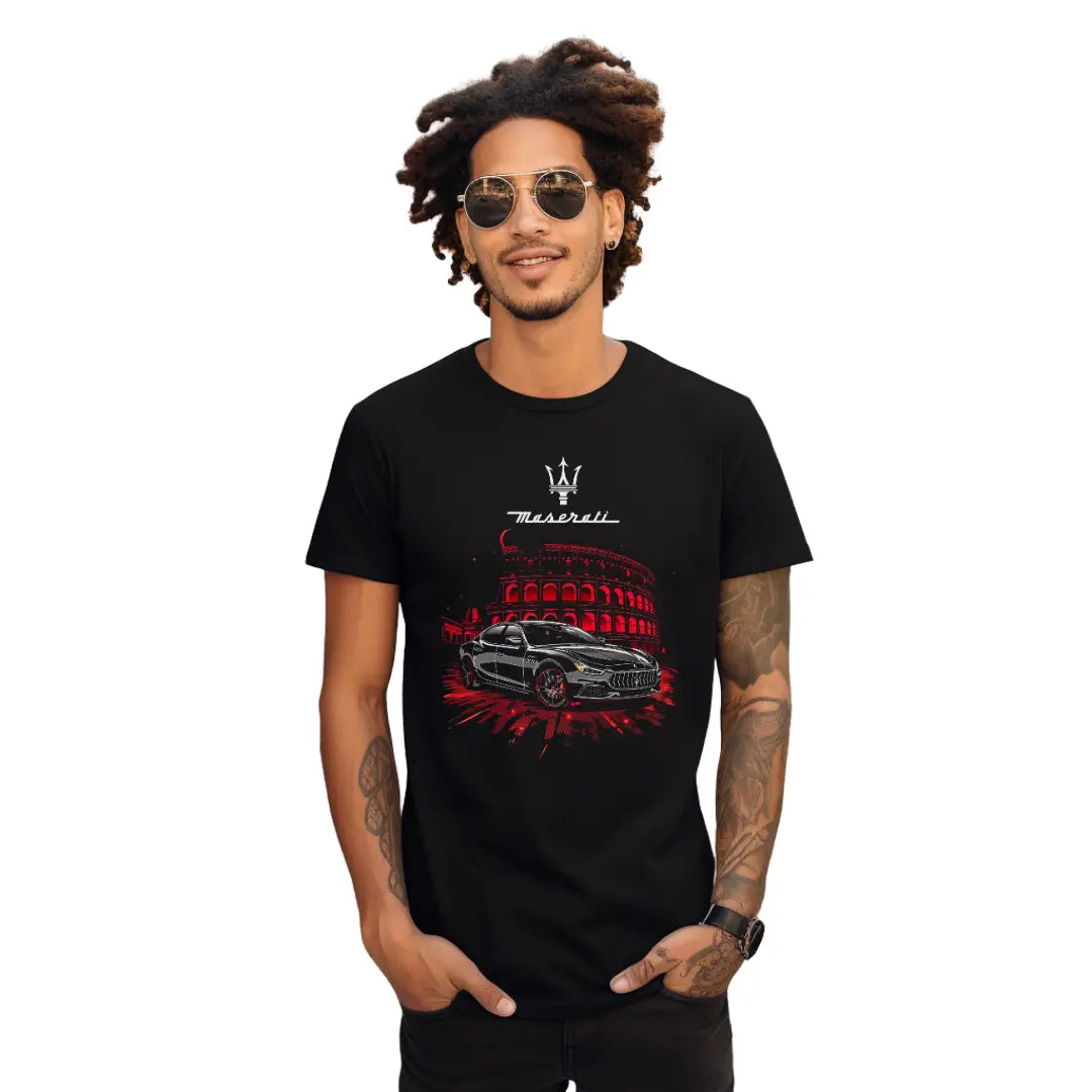 Iconic Fusion: Black Maserati Ghibli at Red Colosseum Black T-Shirt - Black Threadz