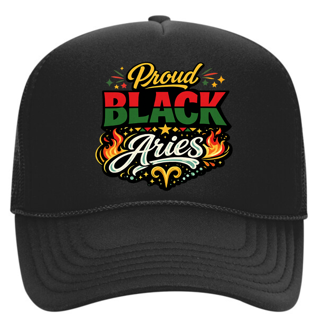 Proud Black Aries Trucker Hat – Bold Zodiac Snapback Cap | Melanin Pride Streetwear | Astrology Statement Hat | Adjustable Mesh Cap