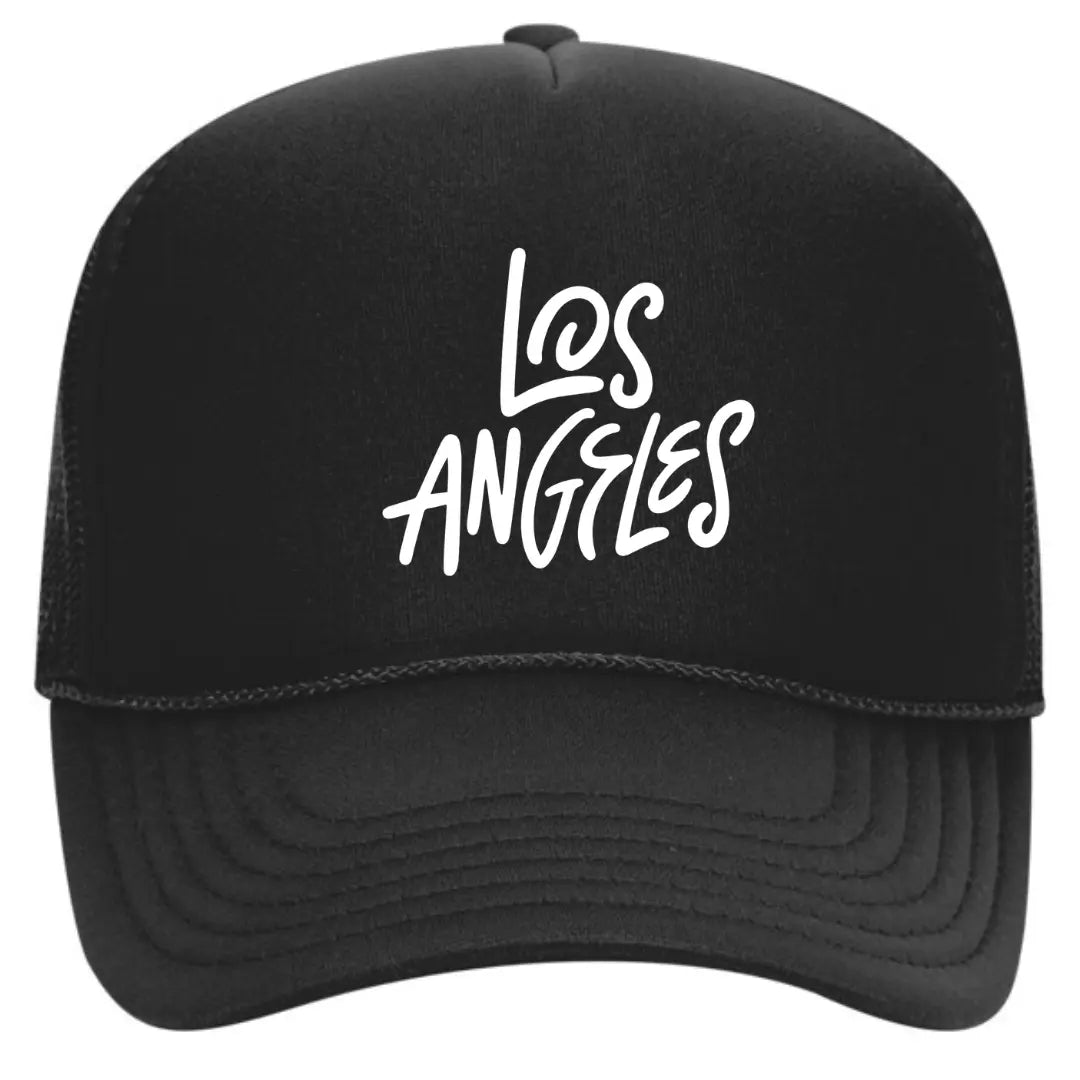 Trendy Black Trucker Hat with "Los Angeles" – Premium Mesh Back Cap for LA Enthusiasts - Black Threadz