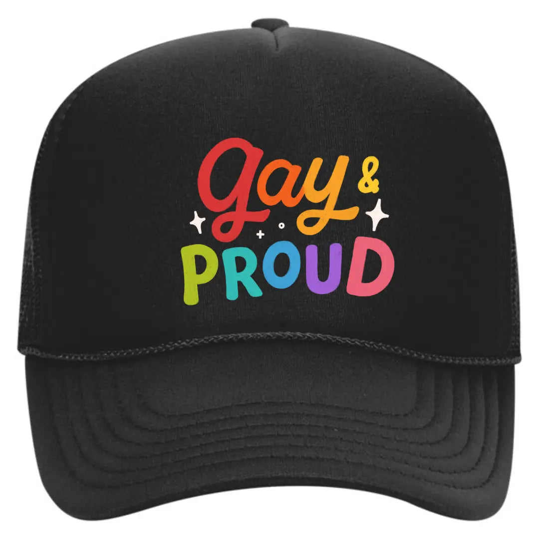 Express Pride: Black 'Gay and Proud' Trucker Snapback Hat - Black Threadz