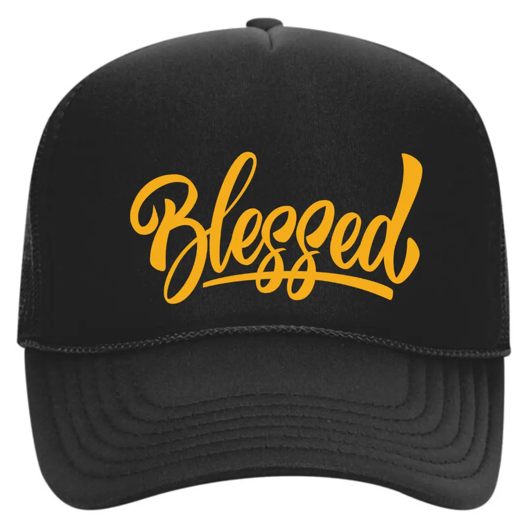 Elevate Your Spirit with Our Black Trucker Hat: "Blessed" Edition - Black Threadz