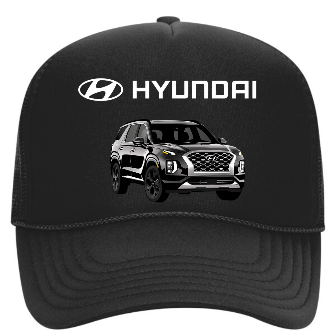 Black cap with Hyundai logo and SUV graphic on a white background