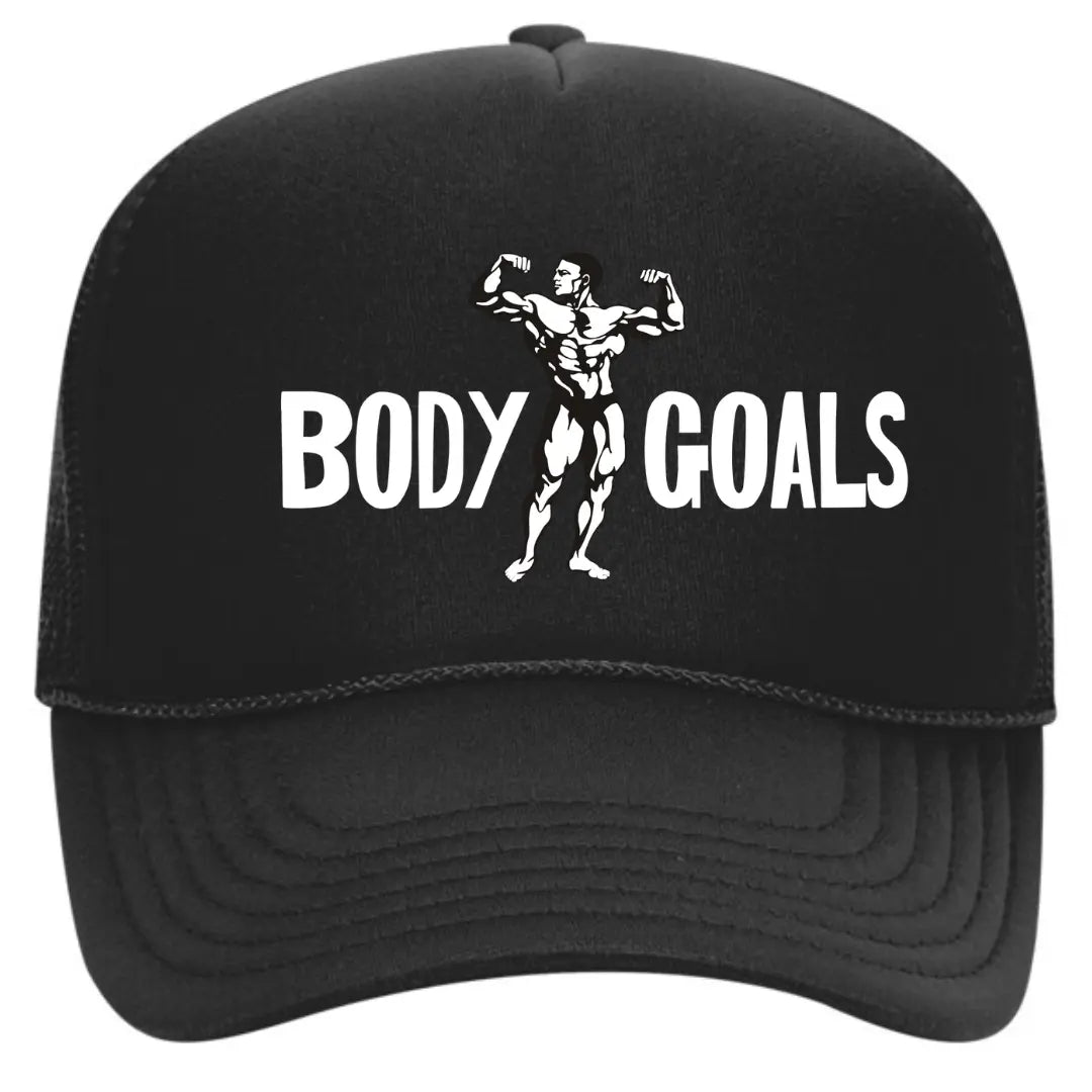 Stylish Black Trucker Gym Fitness Hat with "Body Goals" – Premium Mesh Back Cap for Workout Enthusiasts - Black Threadz