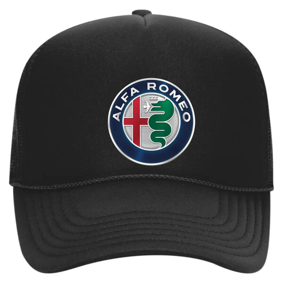 Ride in Style: Alfa Romeo Black Trucker Snapback Hat - Black Threadz