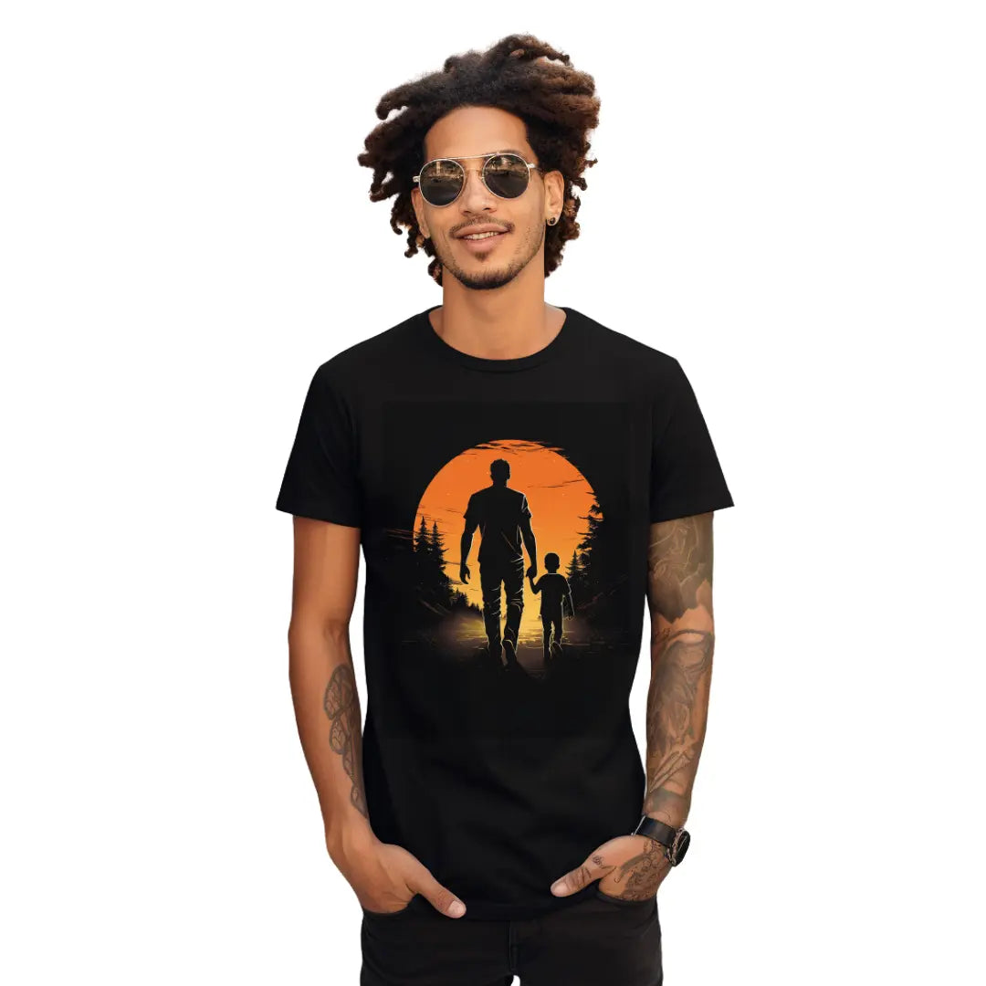 Heartfelt Silhouette: Black Father and Son Sunset Walk Graphic Tee - Black Threadz