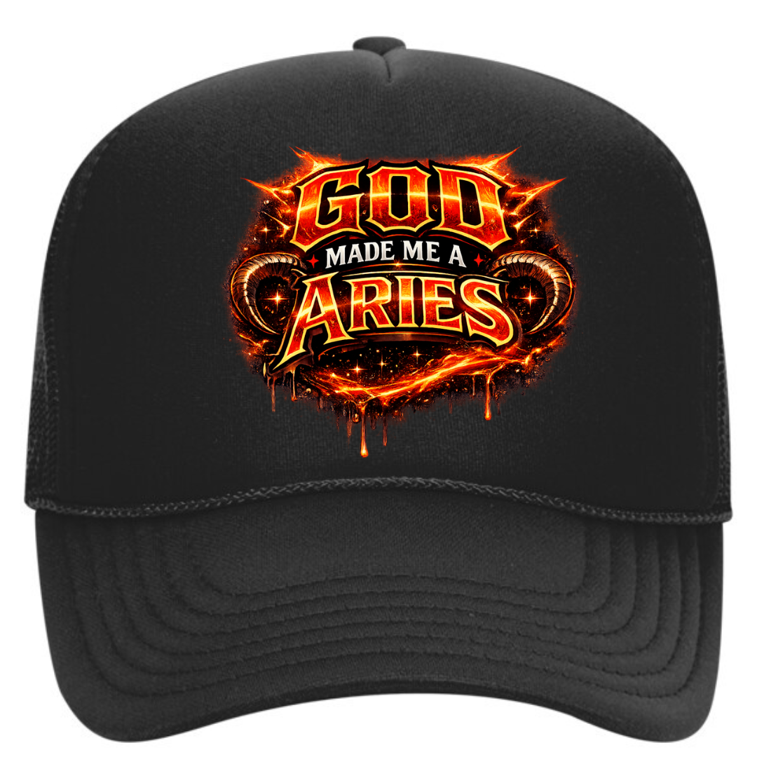 God Made Me Aries Trucker Hat – Faith-Based Zodiac Snapback Cap | Bold Aries Statement Hat | Christian Streetwear | Adjustable Mesh Hat