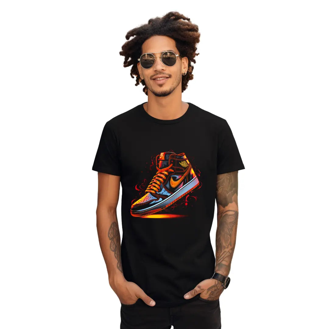 Retro Air Jordan Orange & Black Sneaker T-Shirt: Fusion of Style and Iconic Design - Black Threadz