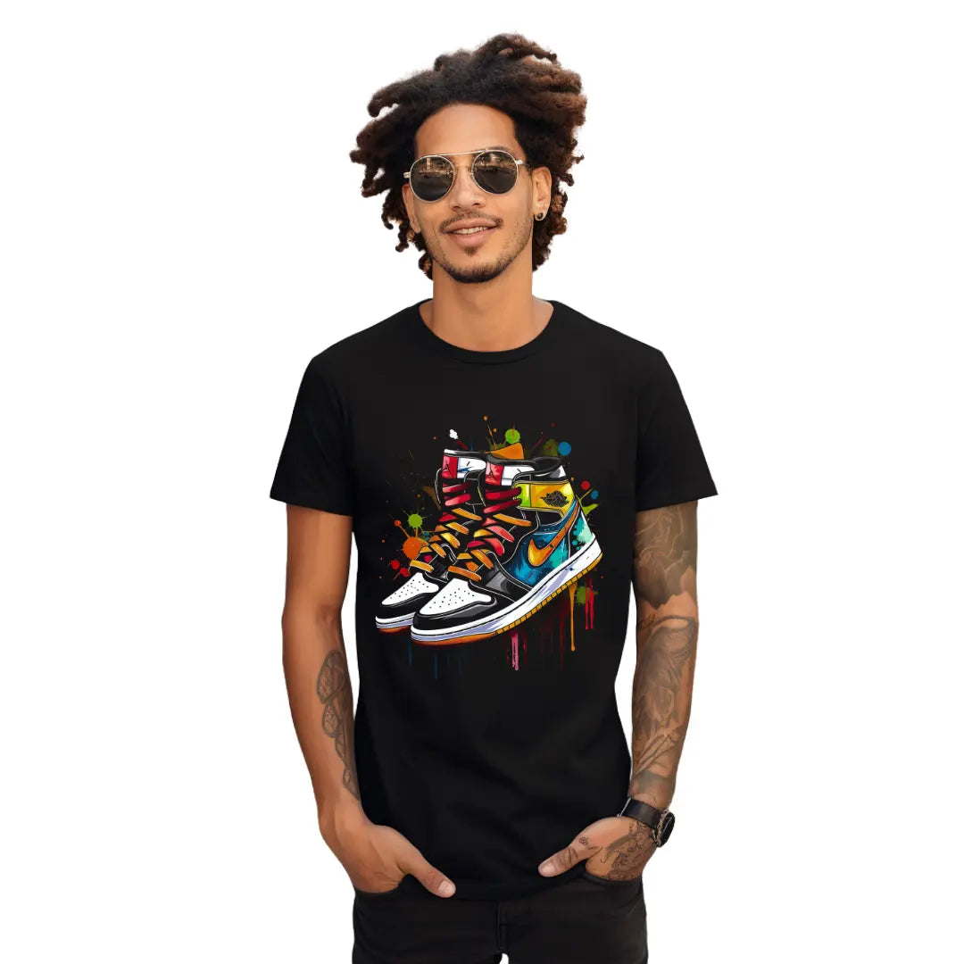 Multicolored Retro Air Jordan Sneaker T-Shirt: Fusion of Style and Vibrant Flair - Black Threadz