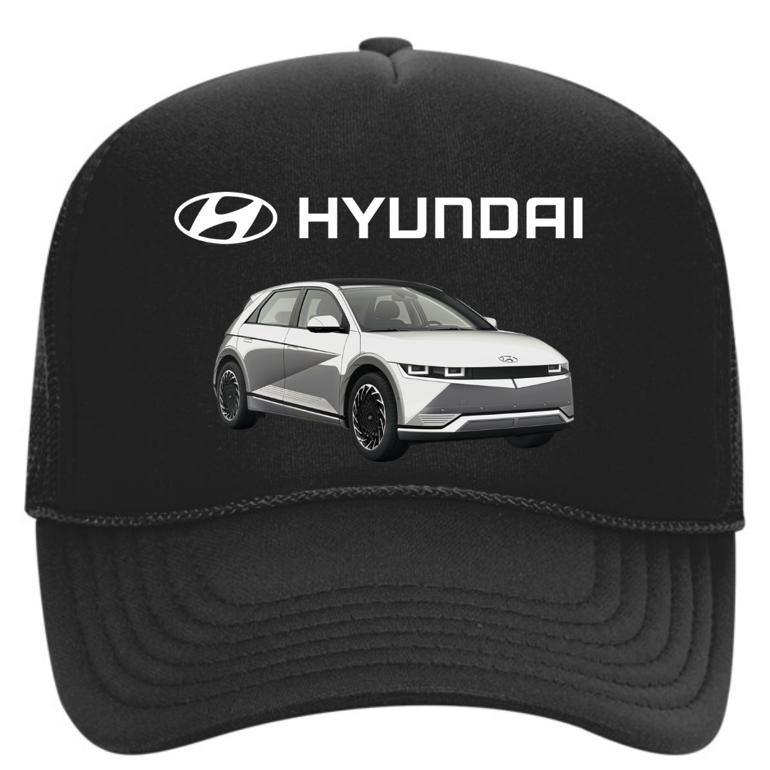 Black cap with Hyundai logo and car illustration on a white background
