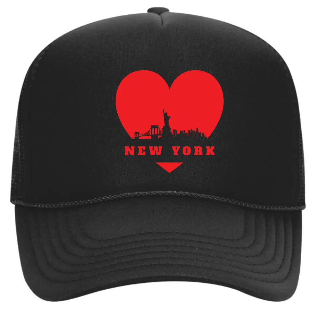 Chic Black Trucker Hat with Heart and "New York" – Premium Mesh Back Cap for NYC Lovers - Black Threadz