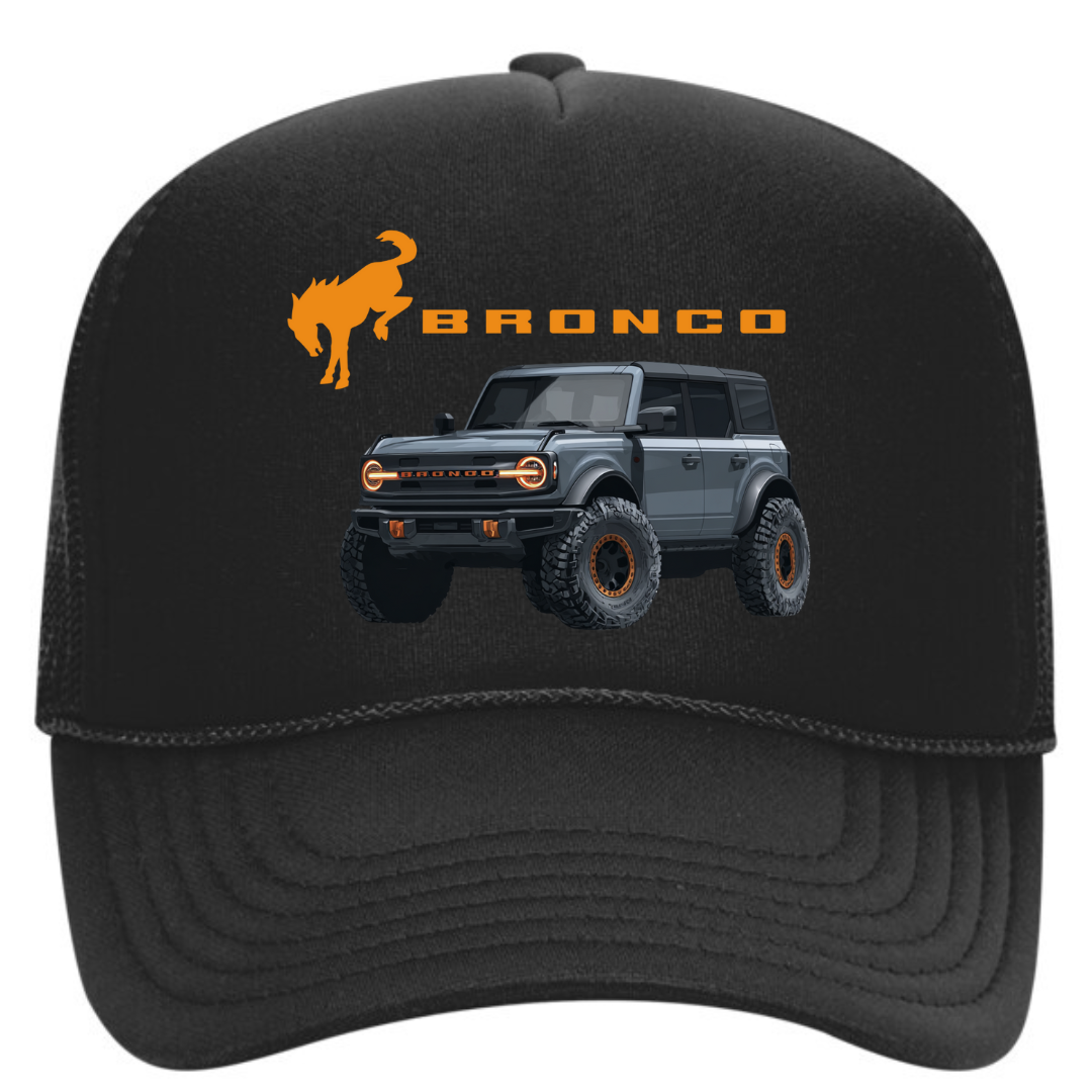 Black cap with Ford Bronco logo and design on a white background