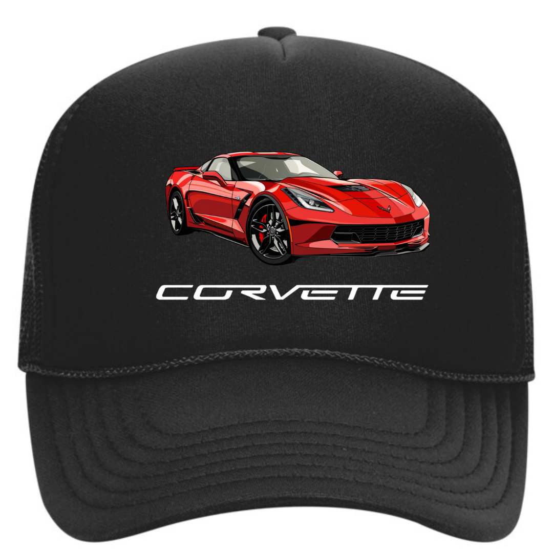 Black cap with a red Corvette car design on a white background