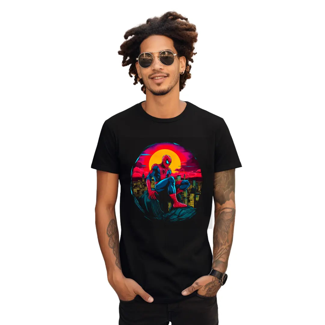 Spiderman Cityscape Sunset T-Shirt: Embrace Heroic Views - Black Threadz