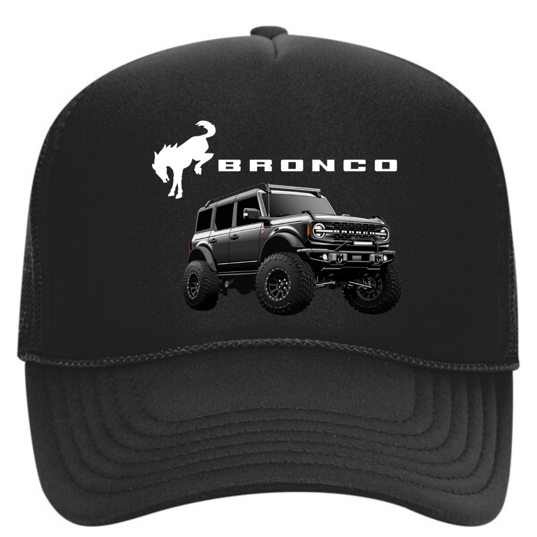 Black cap with Ford Bronco graphic on a white background