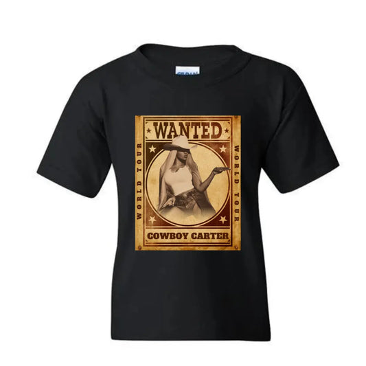 Beyoncé Cowboy Carter World Tour Shirt: Wanted Poster Design - Kid's Black T-shirt - Black Threadz