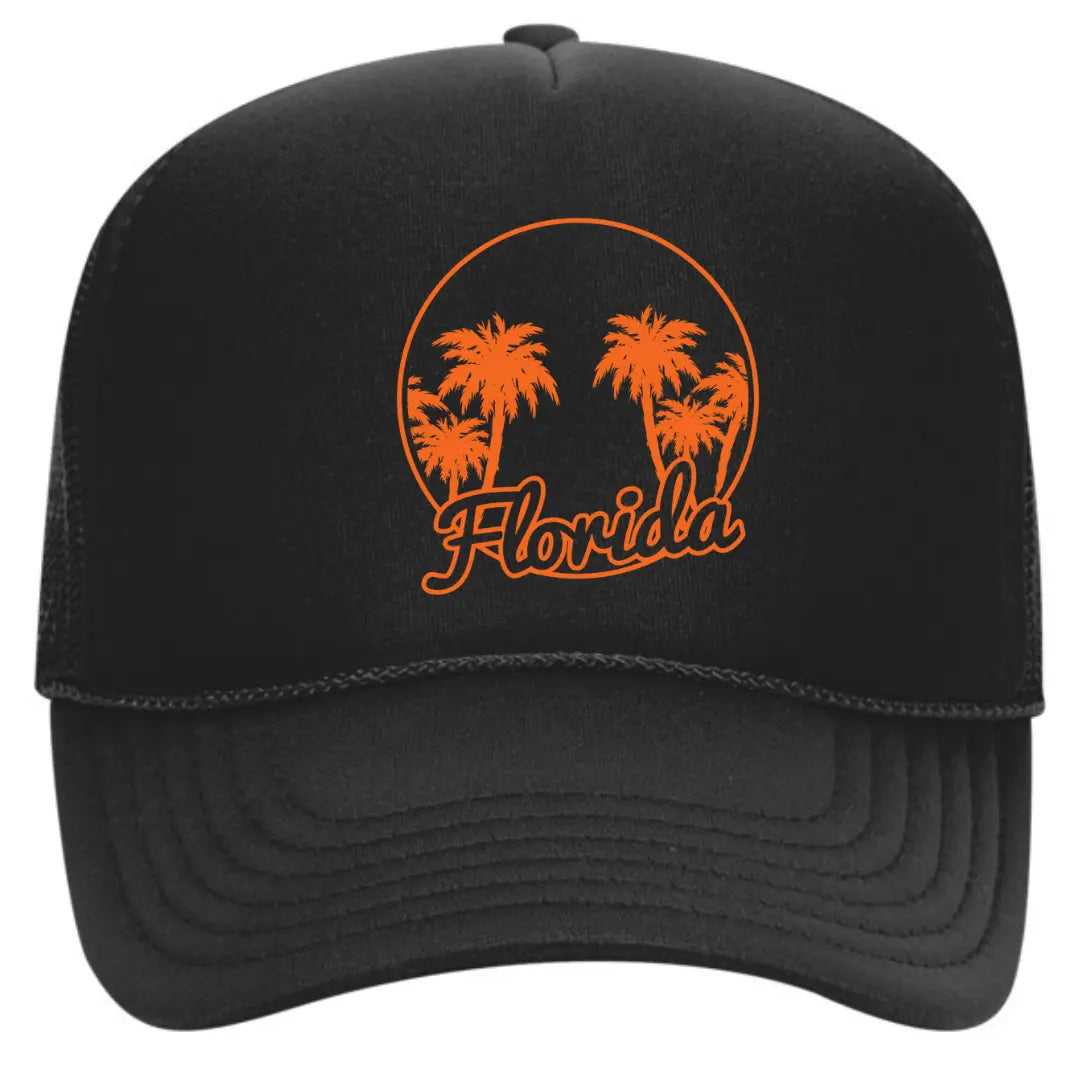 Stylish Black Trucker Hat with Florida State Outline – Premium Mesh Back Cap for Sunshine State Enthusiasts - Black Threadz