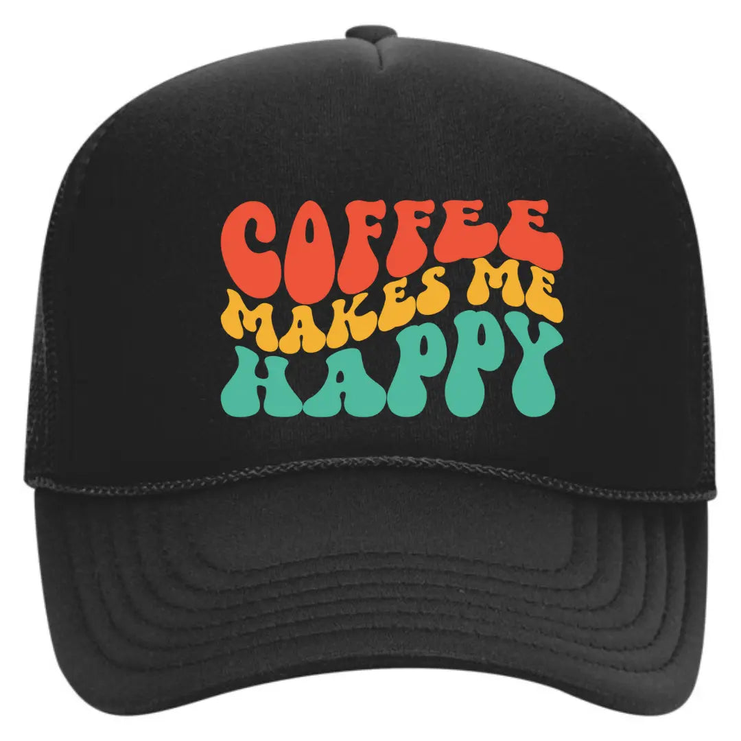Stay Caffeinated and Stylish with Our Black Trucker Hat: "Coffee Makes Me Happy" Edition - Black Threadz