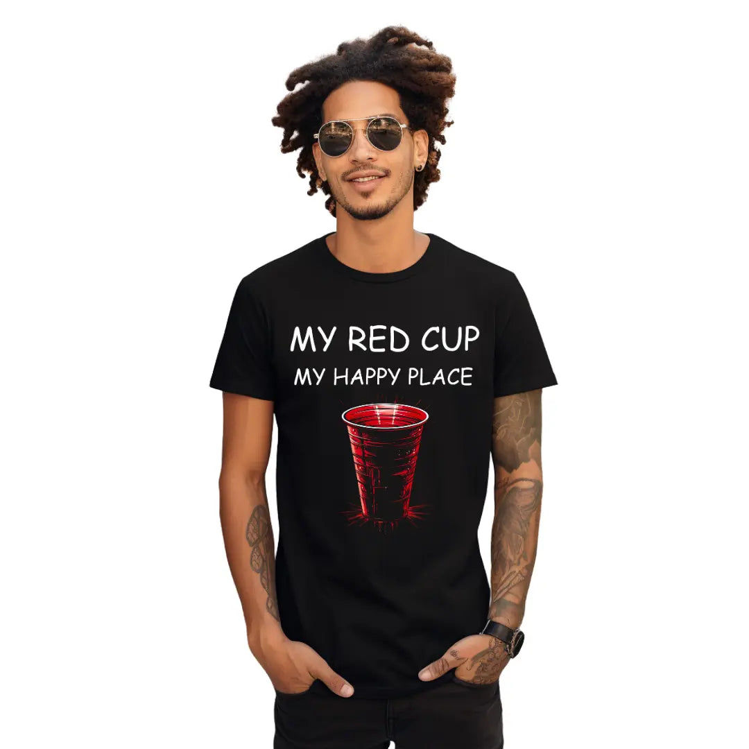 My Red Cup, My Happy Place Black T-Shirt - Cheers to Joyful Moments - Black Threadz