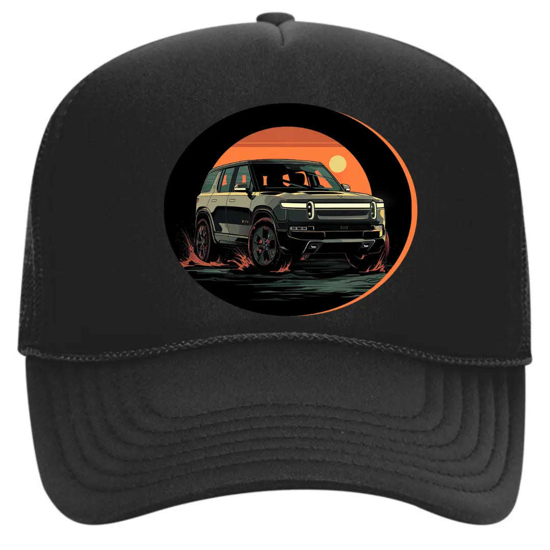 Sleek Black Trucker Hat for Rivian R1S Enthusiasts - Black Threadz