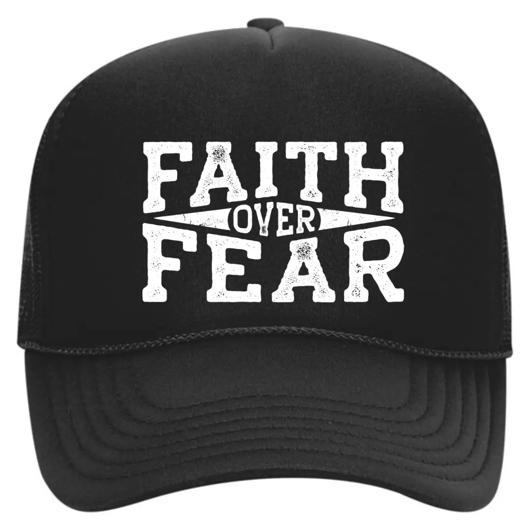 Find Strength in Style with Our Black Trucker Hat: "Faith Over Fear" Edition - Black Threadz