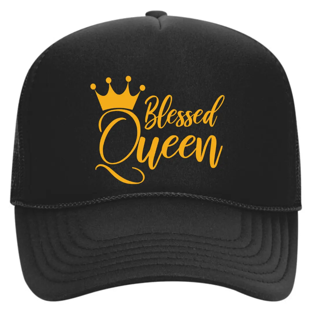 Embrace Your Royal Essence with Our Black Trucker Hat: "Blessed Queen" Edition - Black Threadz