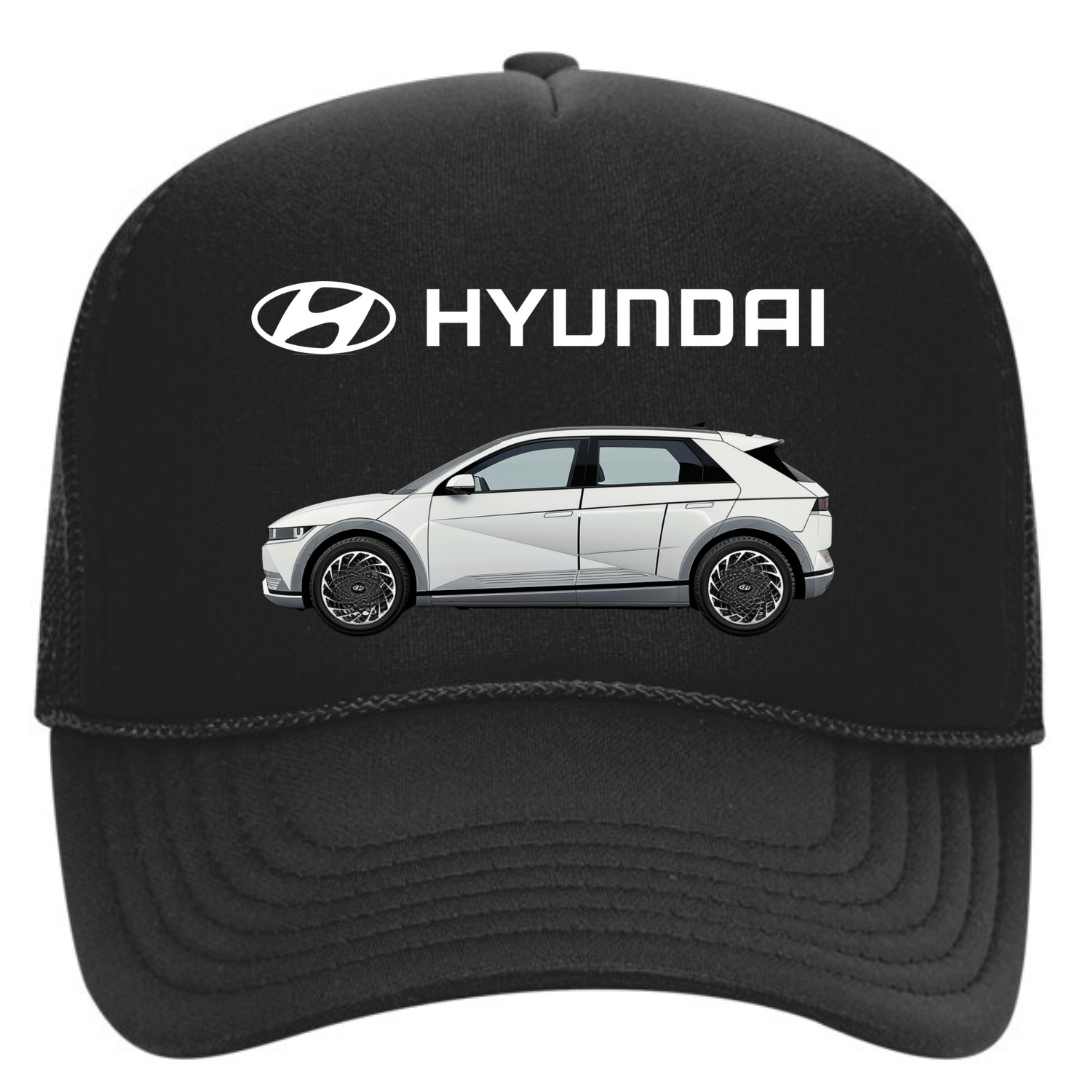 Black cap with Hyundai logo and car illustration on a white background