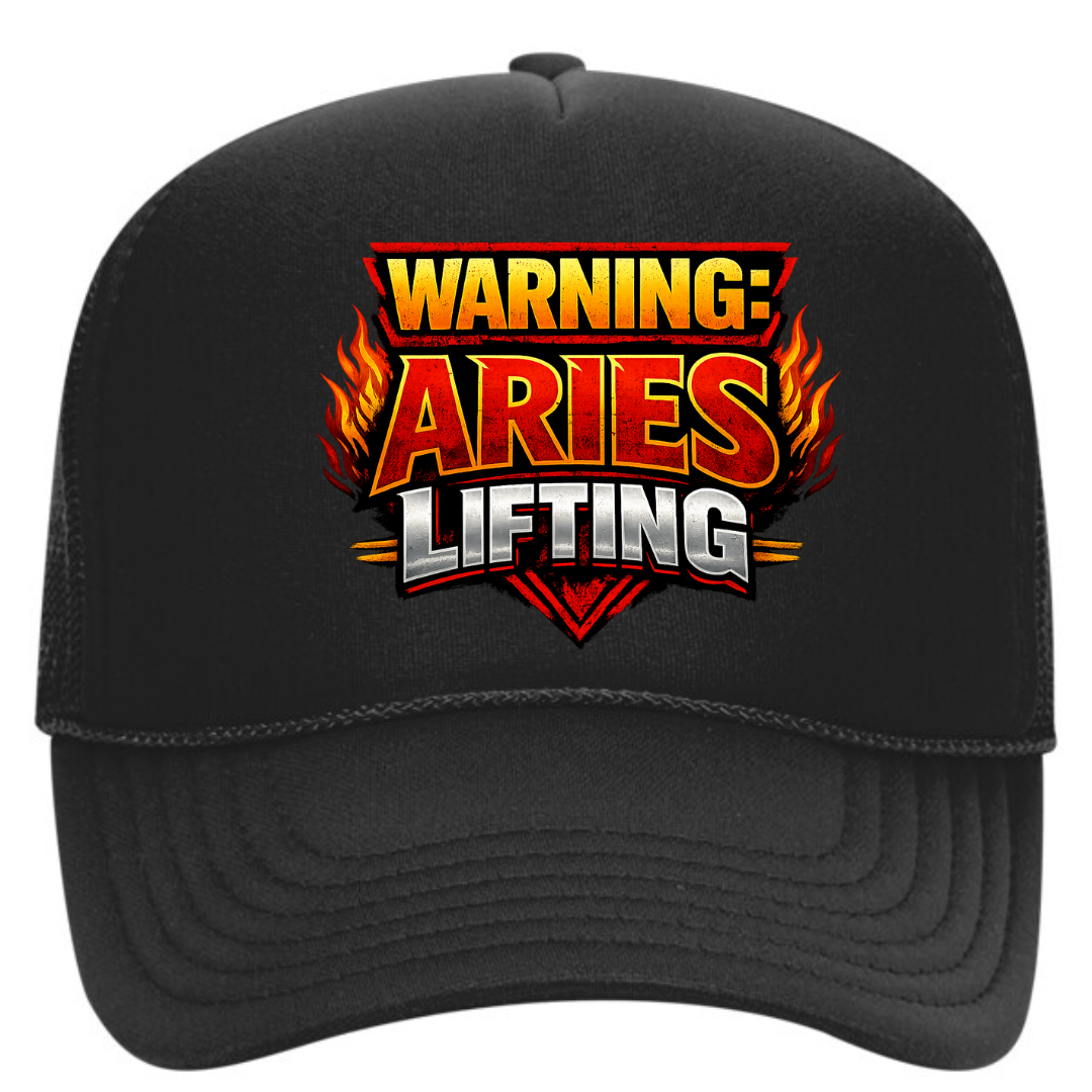 Warning: Aries Lifting Trucker Hat – Funny Gym Snapback Cap | Bold Aries Fitness Hat | Workout Streetwear | Adjustable Mesh Hat