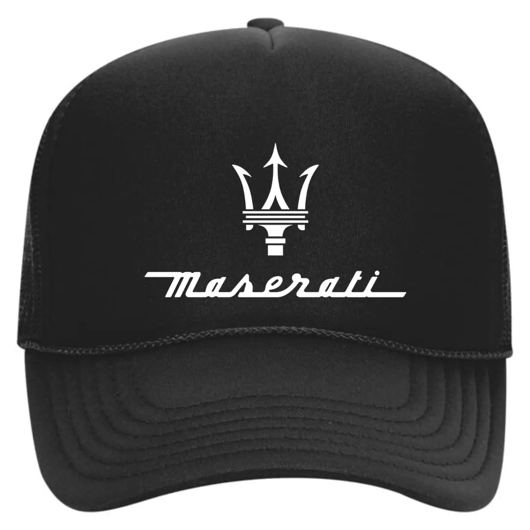 Refined Elegance: Maserati Black Trucker Snapback Hat - Black Threadz
