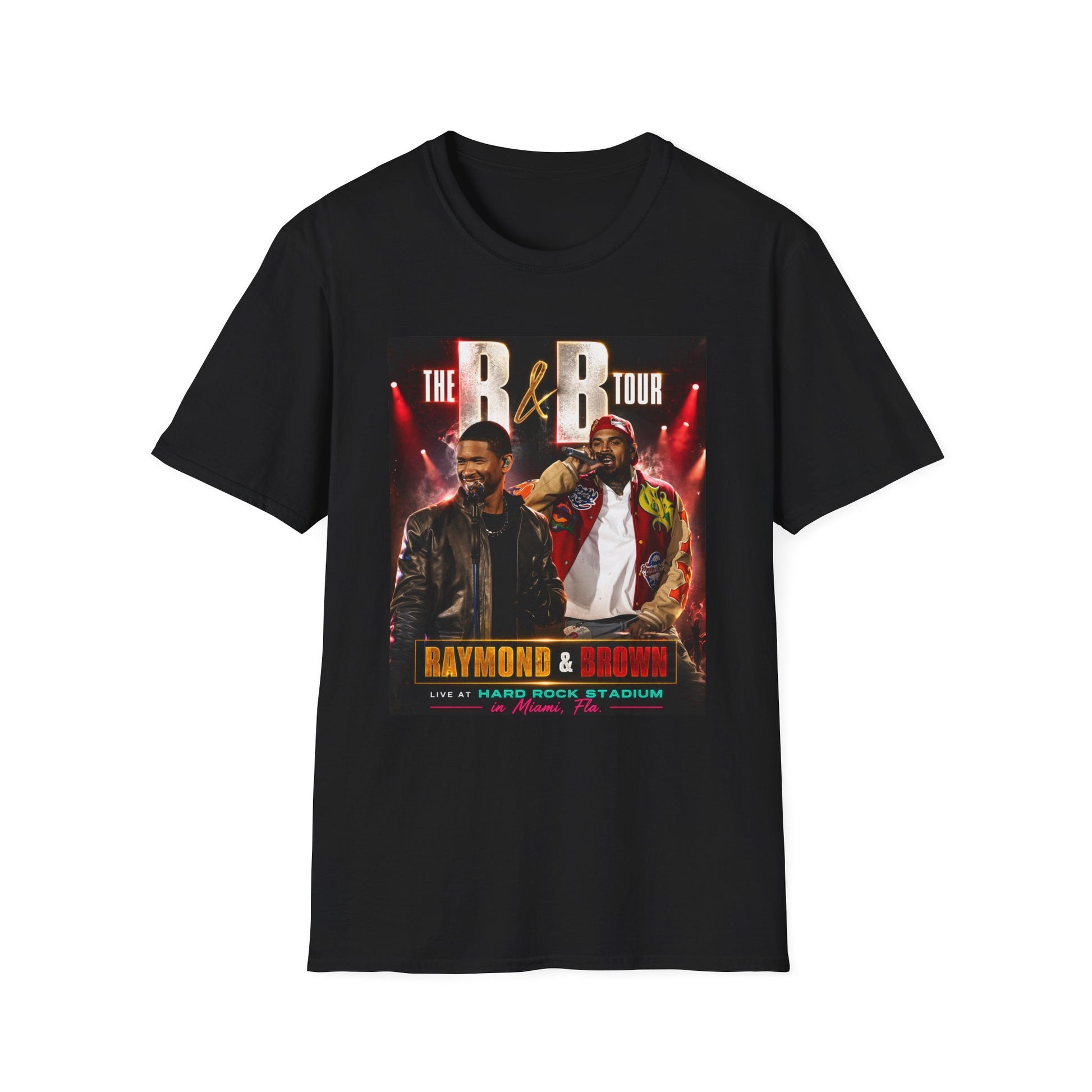 R&B Tour Raymond & Brown Miami concert t-shirt featuring two male R&B performers with neon stage lighting, bold urban streetwear design, and premium fan merch for Miami concert attendees