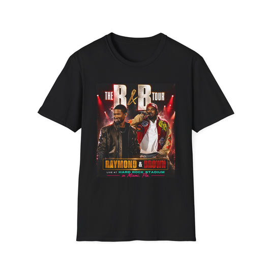 R&B Tour Raymond & Brown Miami concert t-shirt featuring two male R&B performers with neon stage lighting, bold urban streetwear design, and premium fan merch for Miami concert attendees