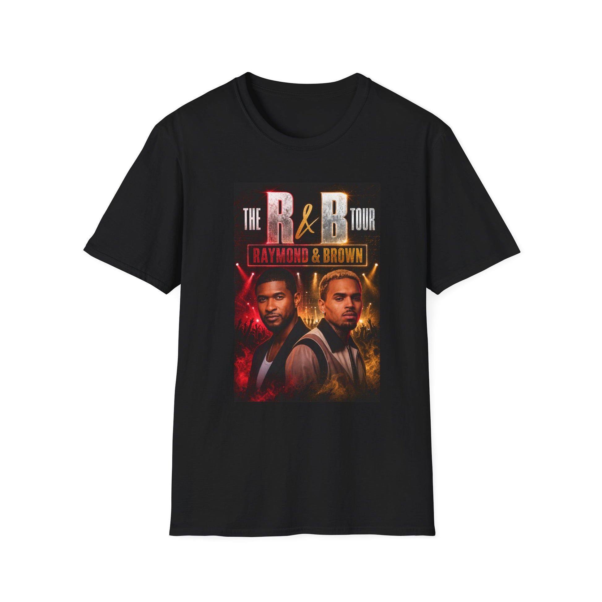 Premium R&B Tour Raymond & Brown concert t-shirt featuring two male R&B performers with neon stage lighting, urban streetwear design, bold “The R&B Tour” typography, perfect fan merch for live music concert outfit