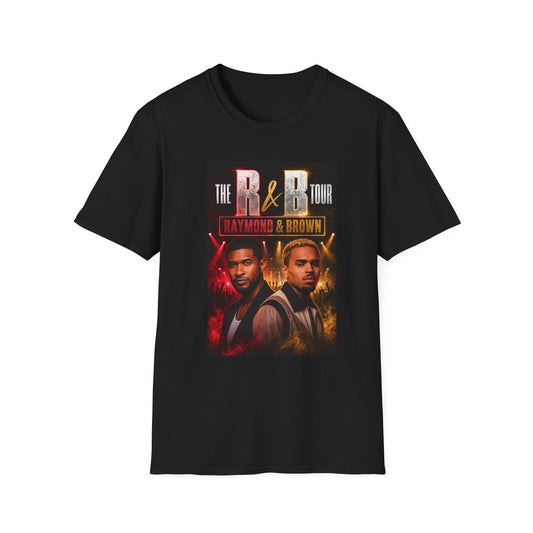 Premium R&B Tour Raymond & Brown concert t-shirt featuring two male R&B performers with neon stage lighting, urban streetwear design, bold “The R&B Tour” typography, perfect fan merch for live music concert outfit
