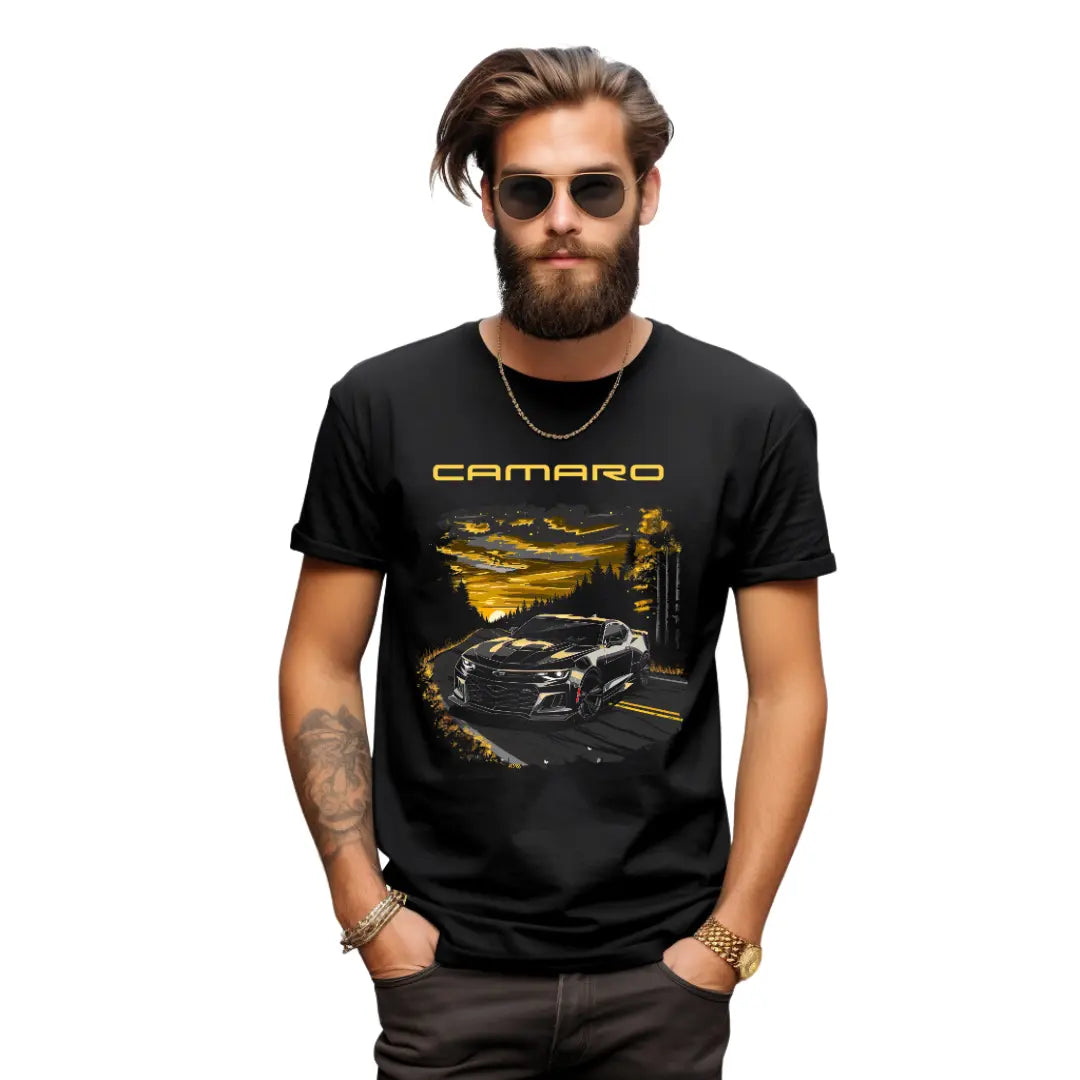 Mountain Cruise: Chevrolet Camaro Black T-Shirt - Black Threadz