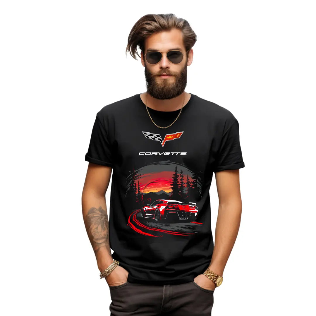 Sundown Drive: Chevrolet Corvette Sunset Black T-Shirt - Black Threadz