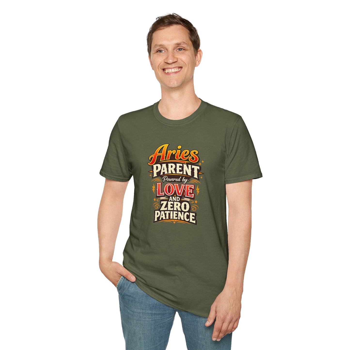 Aries Parent T-Shirt – Powered by Love & Zero Patience Funny Zodiac Mom Dad Tee | Bold Aries Personality Shirt | Astrology Gift