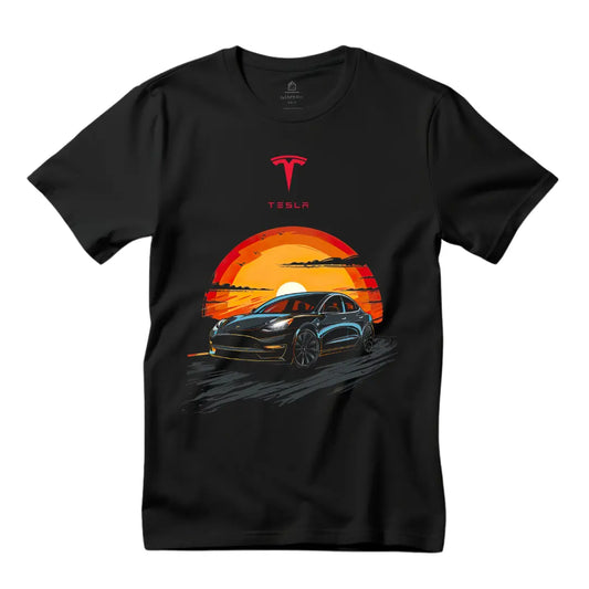 Sleek Style: Black Tesla Model Y Sunset Ride Black T-Shirt - Black Threadz
