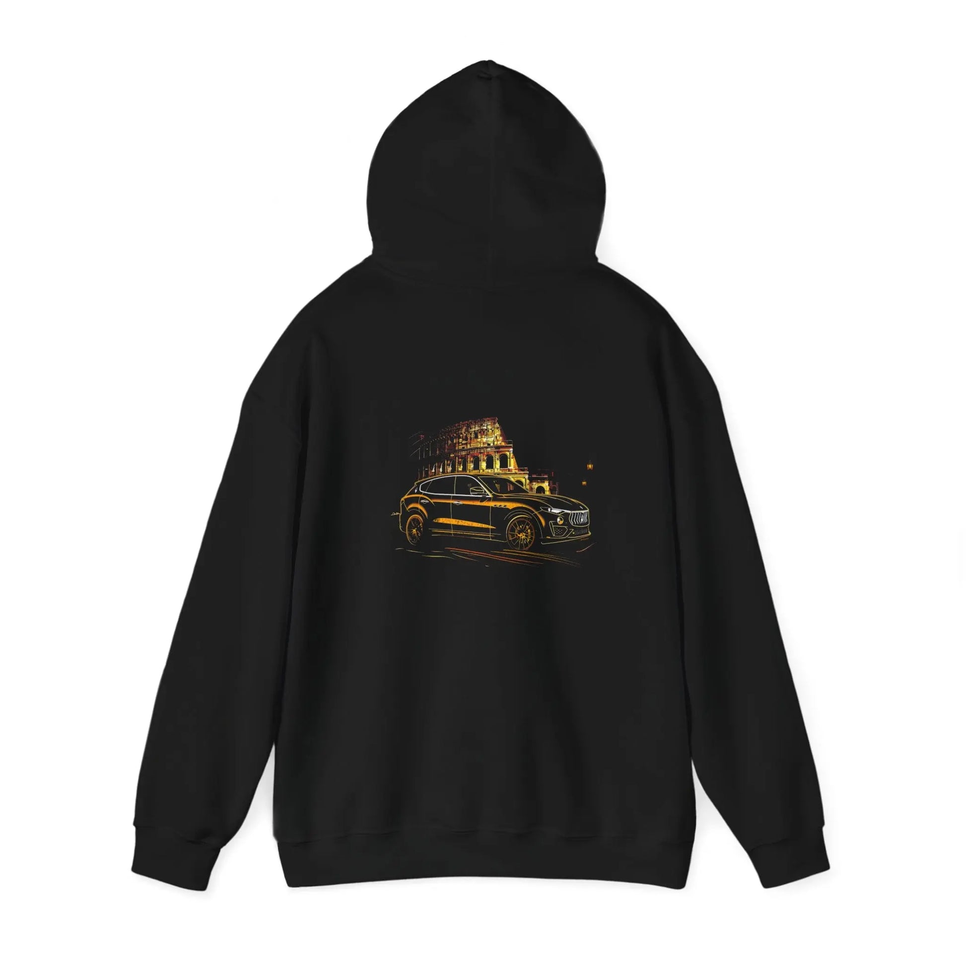 Iconic Elegance: Black Maserati Levante Hoodie at the Colosseum - Black Threadz