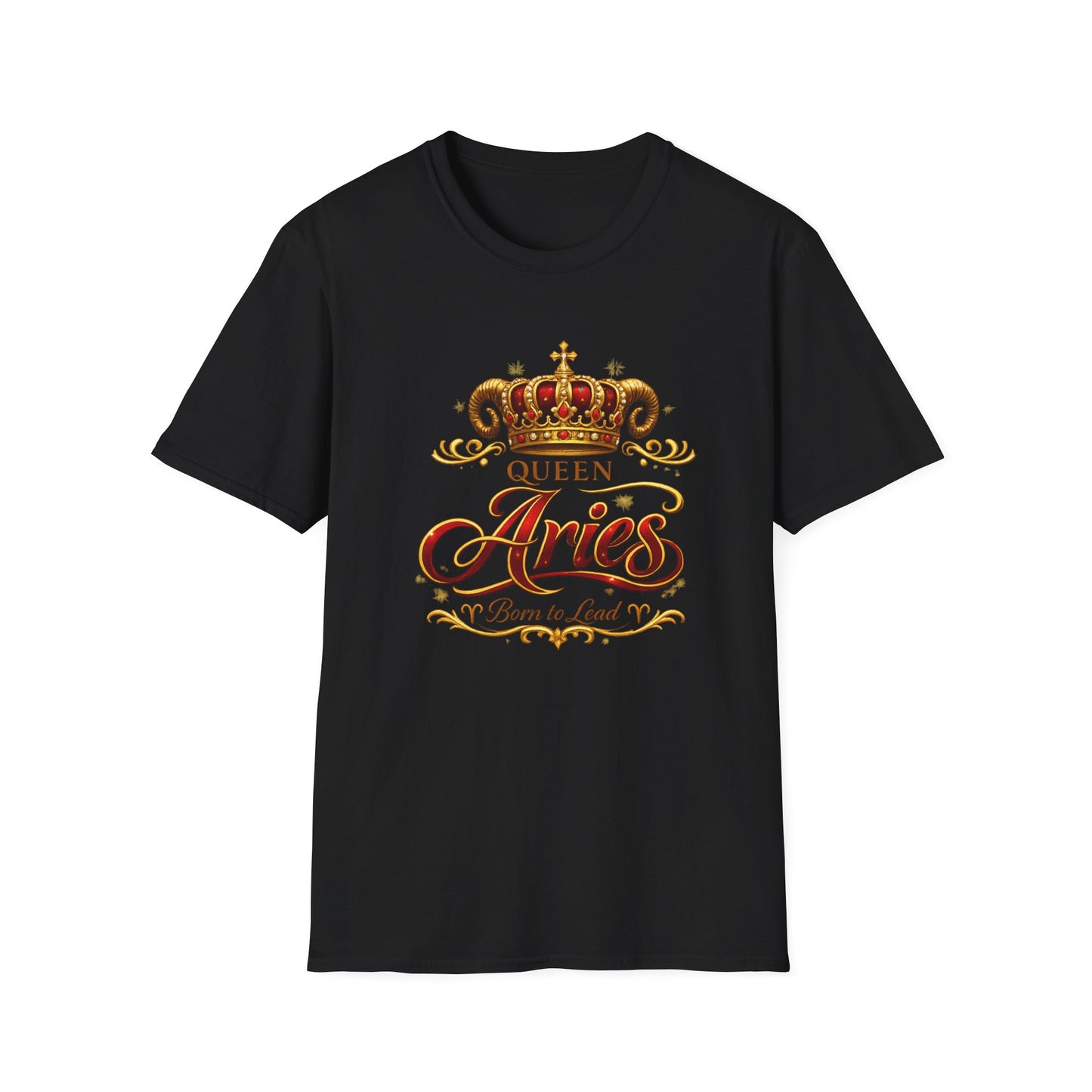 Black t-shirt with 'Queen Aries' design featuring a crown on a white background