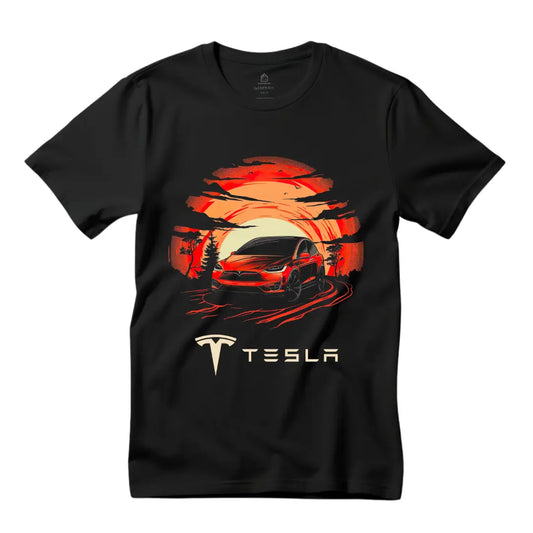 Sleek Style: Red Tesla Model X on Road Black T-Shirt - Perfect for Enthusiasts! - Black Threadz