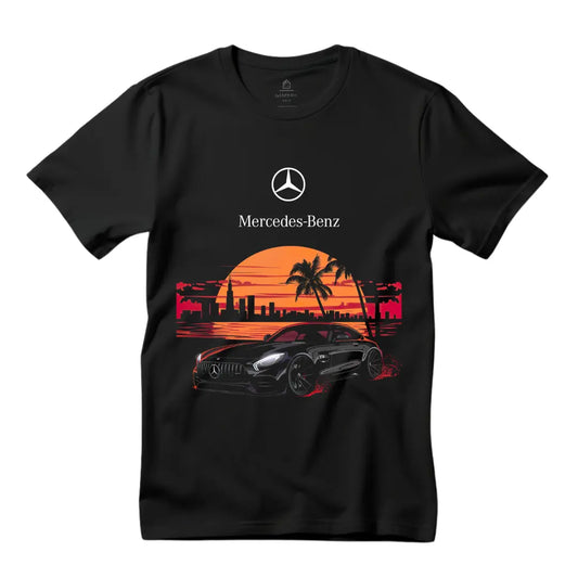 Sundown Splendor: Mercedes SL Roadster on Beach with City Silhouette T-Shirt - Black Threadz