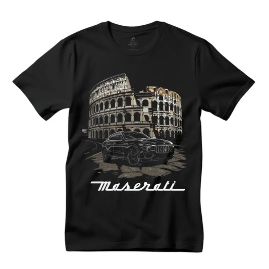 Iconic Elegance: Black Maserati Levante Colosseum Black T-Shirt - Black Threadz