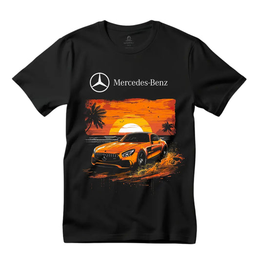 Sunset Serenity: Mercedes SL Roadster on Beach T-Shirt - Black Threadz