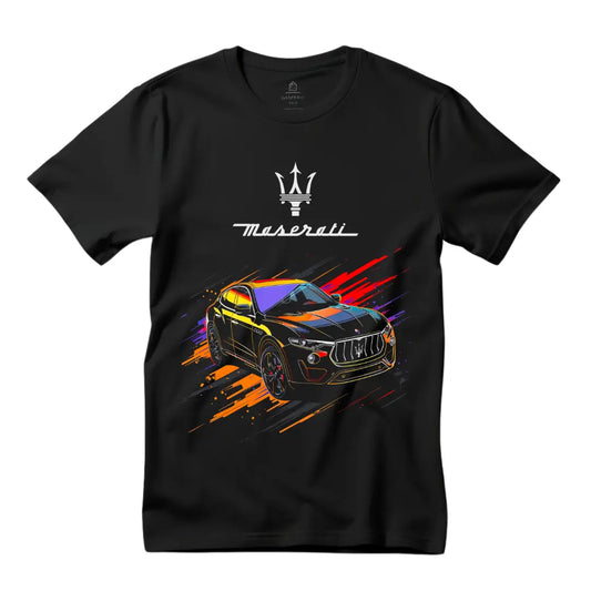 Vibrant Luxury: Abstract Colorful Maserati Levante T-Shirt - Black Threadz