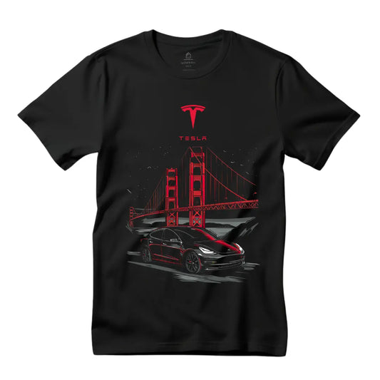 Sleek Style: Black Tesla Model 3 at Golden Gate Bridge Black T-Shirt - Black Threadz