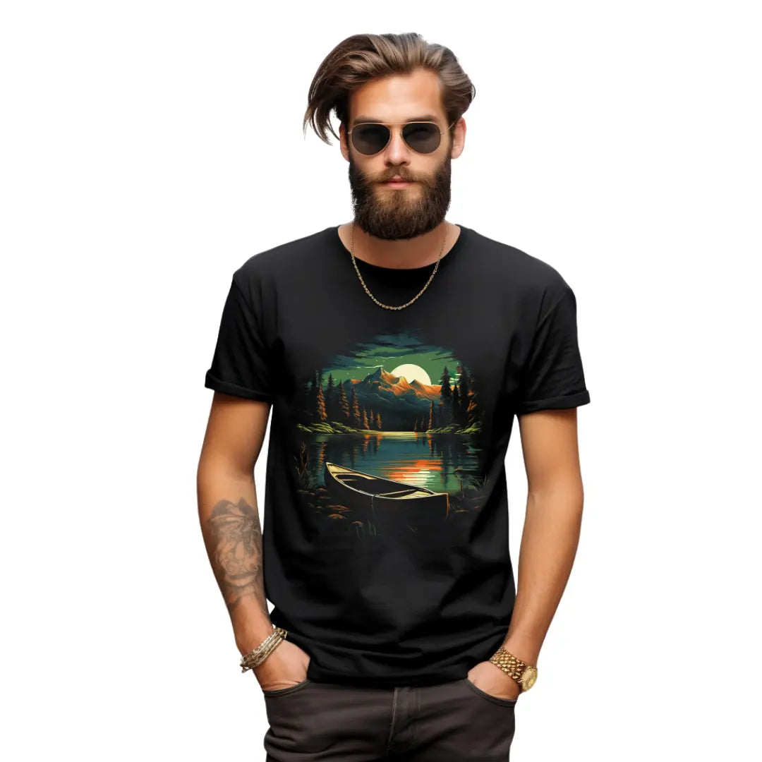Fishing Boat on the Lake T-Shirt: Embrace Serene Outdoor Vibes - Black Threadz