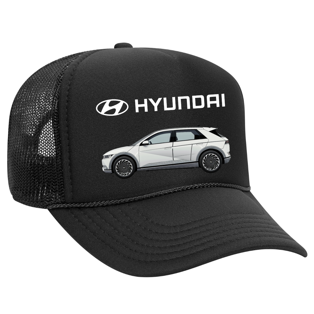 Black cap with Hyundai logo and car illustration on a white background